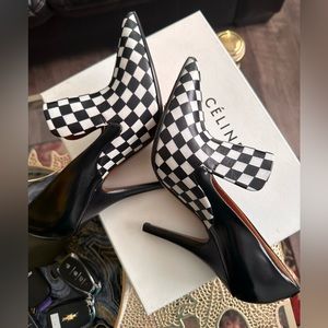 Celine women pointed pumps check printed leather shoes